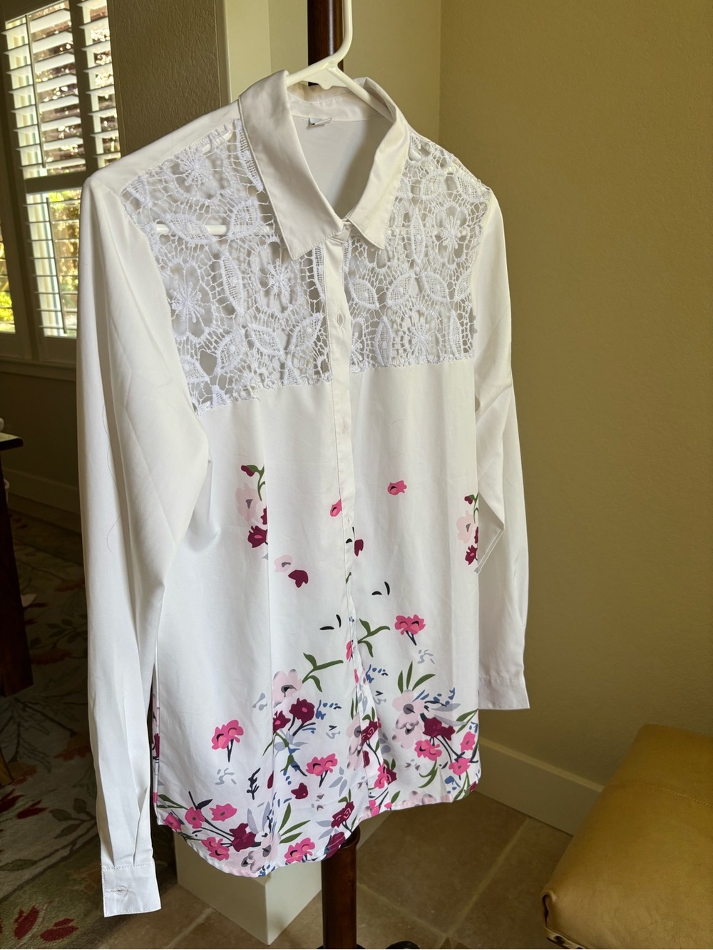 White Lace Yoke Button-Up Blouse with Pink Floral Print